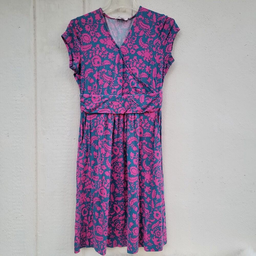 BODEN Lola Jersey Dress Faux Wrap Crossover Blue Pink Knee Length Sz 8p Preppy